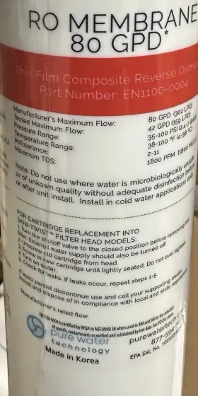 EN1100-0004 PURE Water Reverse Osmosis Filter Ro Membrane